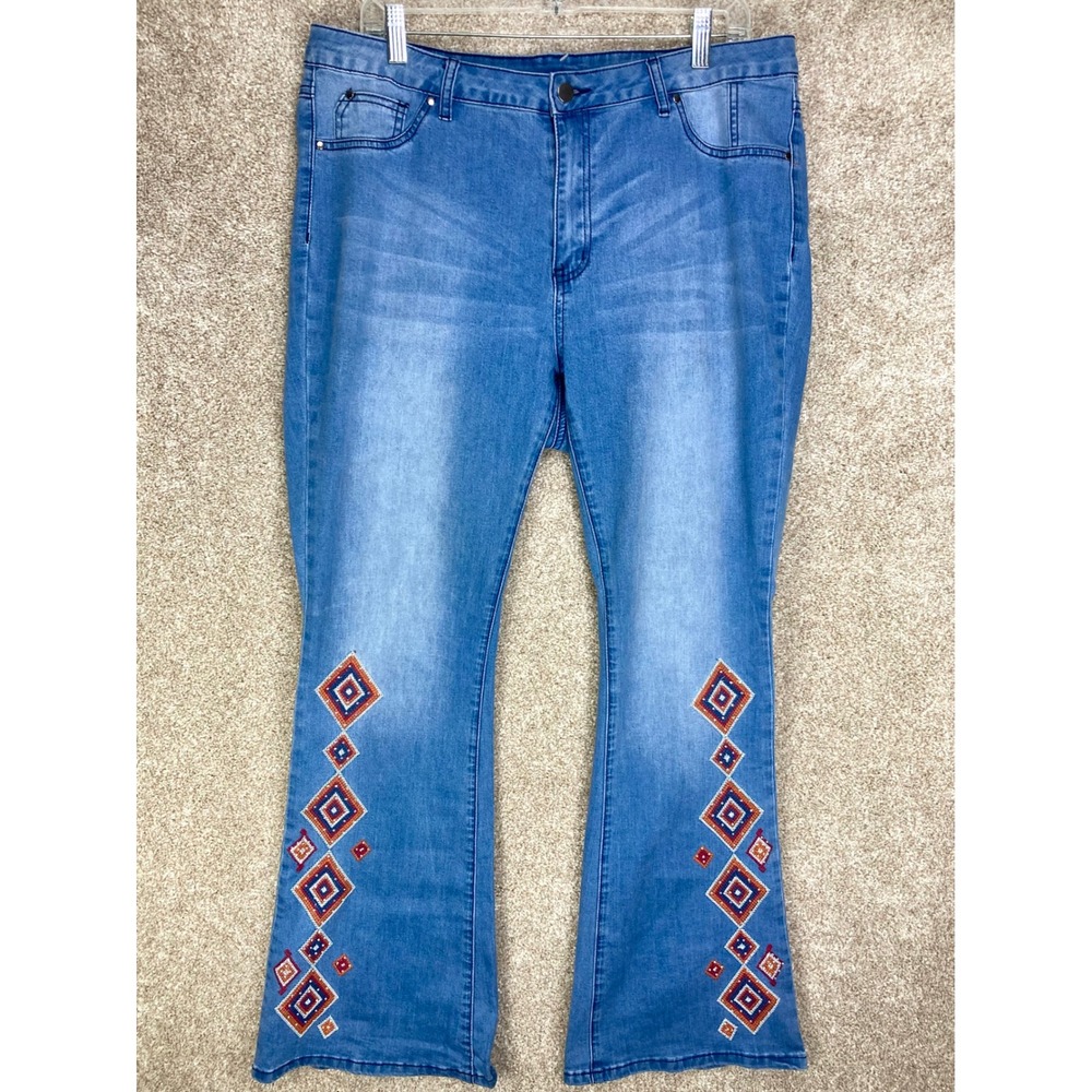 Sheryl Crow Embroidered High Rise Flare Leg Jeans Womens 16W Blue Western Denim
